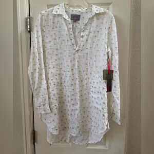 For Cynthia White Button-Down Tunic with Gold Palm Print